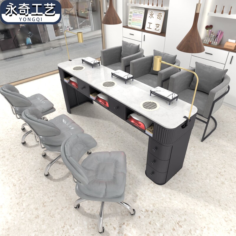 2025 New Model Black Manicure Table with Marble Surface, Vacuum Cleaner, Cabinet, Multi-Person Manicure Table and Chair Set, Light Luxury