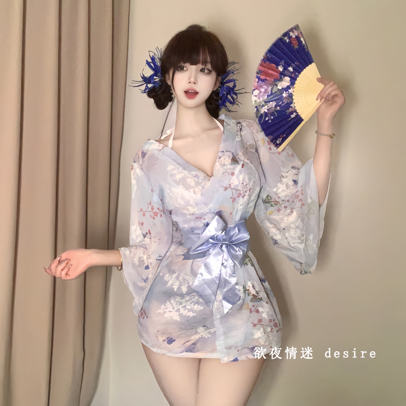 日本のセクシーな着物 Vネック 桜のドレス ウエスト スリミング ブラ Tパンツ フレアスリーブ ユニフォーム ショートスカート qqny