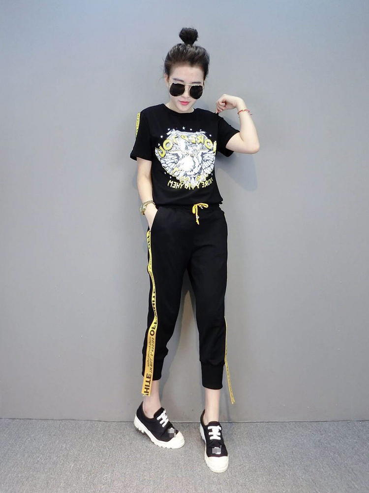 运动服套装女夏2017带短袖九分哈伦裤修身休闲两件套
