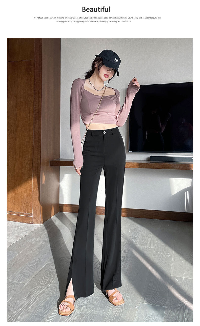 Extended slit slightly flared suit pants for women, high waist, drape, new thin, slimming, ice silk straight wide-leg pants for summer pic 11