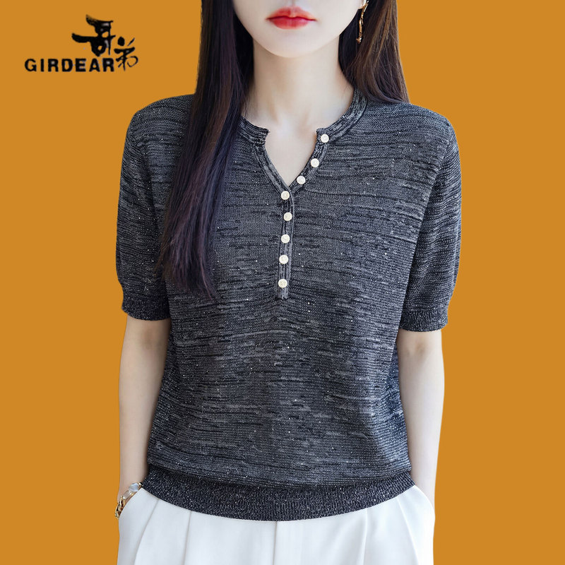 Gede Discount Clearance Summer New Style Women's Short-Sleeve Silk T-Shirt Knitted V-Neck Button Ice Silk Thin Top