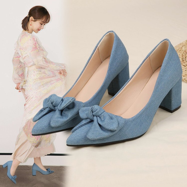 Blue Denim Professional High Heels for Women, Chunky Mid-Heel, Large Size 42, Unique Design, Pointed Toe, Bow-Knot Single Shoes for Women