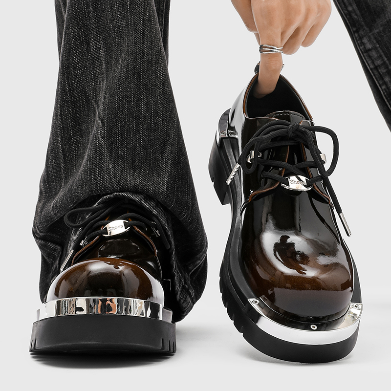 Cleanfit Thick-Soled Height-Increasing Derby Shoes for Men, British Style Large-Toe Shoes, Patent Leather Glossy Surface, High-End Casual Leather Shoes, Trendy