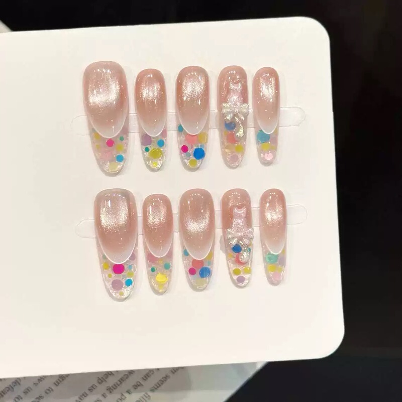 Kitty's Finger Tips Are Sprinkled with Sugar, Clear and Pearlescent Colorful Discs, Sweet Long Handmade Wearable Nails