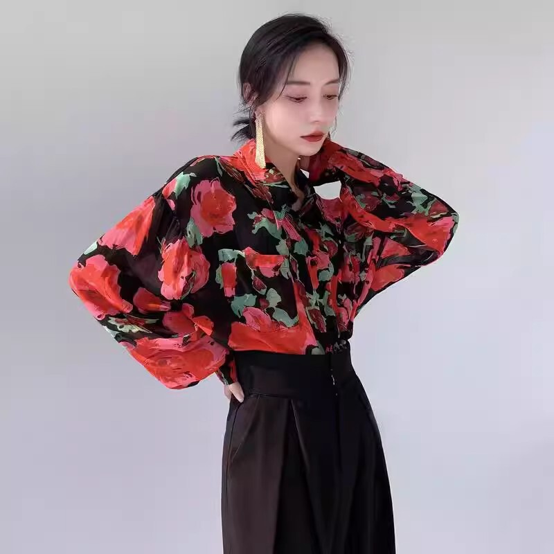 Annual Meeting Performance Festive Red Floral Shirt for Women, 80S Hong Kong Style Retro Spring and Autumn New Layered Long-Sleeved Loose Top