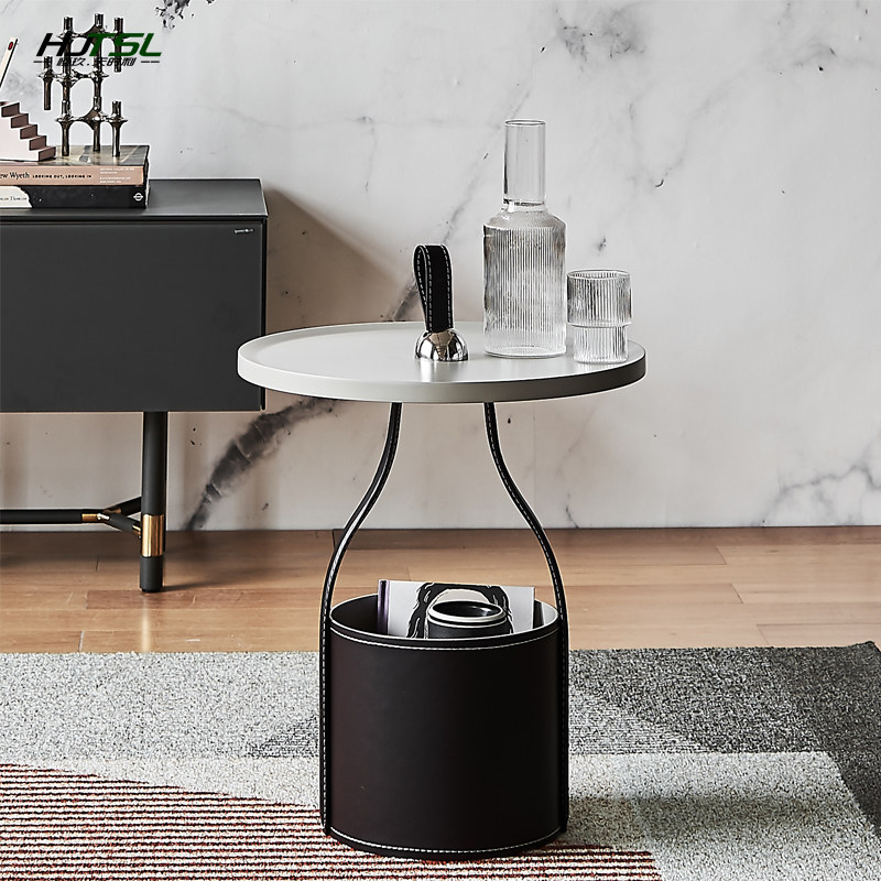 Italian Orange Saddle Leather Bed Next Designers Light Luxury Storage Mobile Tea Several Creative Circular Small Side Table