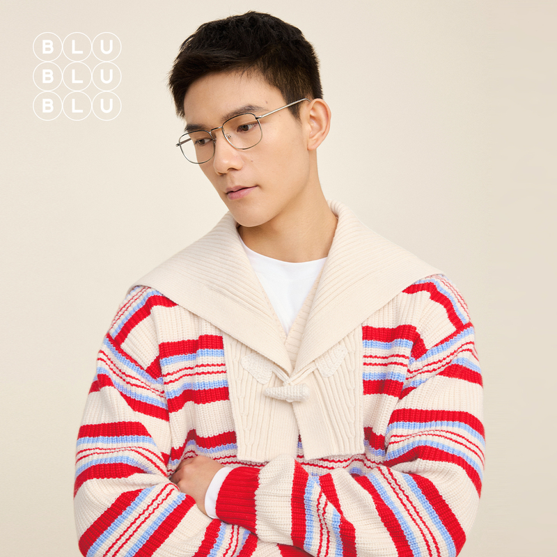 Blublublu Original Retro Christmas Red Striped Sweater for Men, Autumn and Winter, Preppy Style, Detachable Large Lapel Knitwear