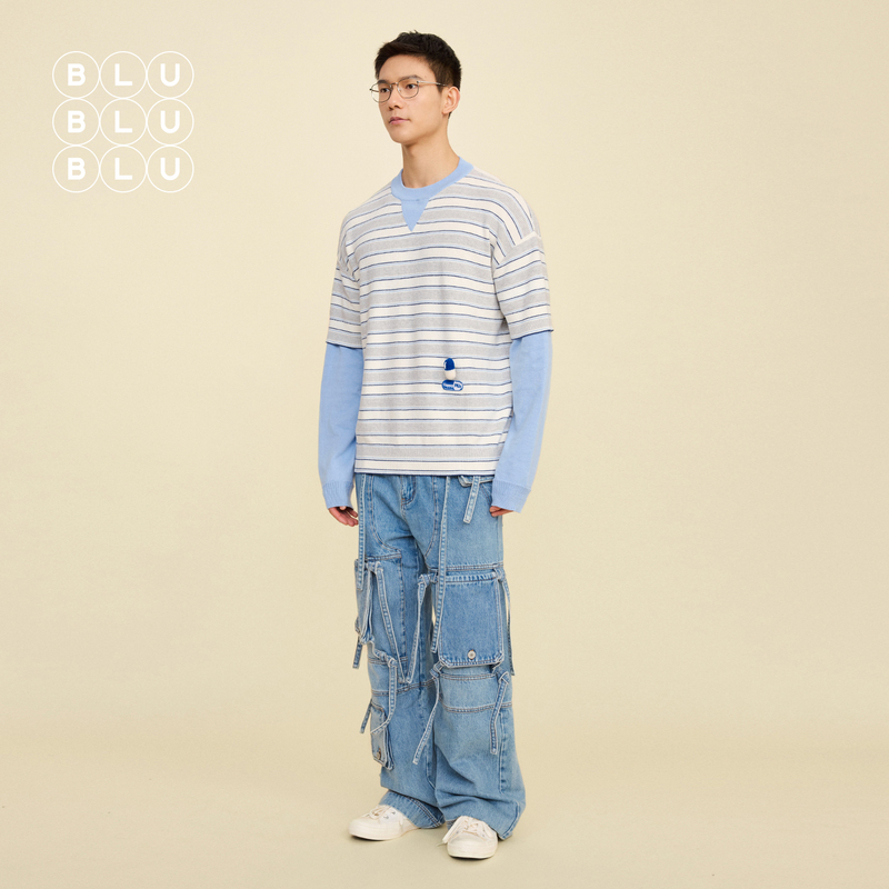 Blublublu Retro Youthful Fake Two-Piece Striped Sweater for Men with Crochet Capsule Decoration Autumn Pullover Top Blublublu Retro Youthful Fake Two-Piece Striped Sweater for Men with Crochet Capsule Decoration Autumn Pullover Top