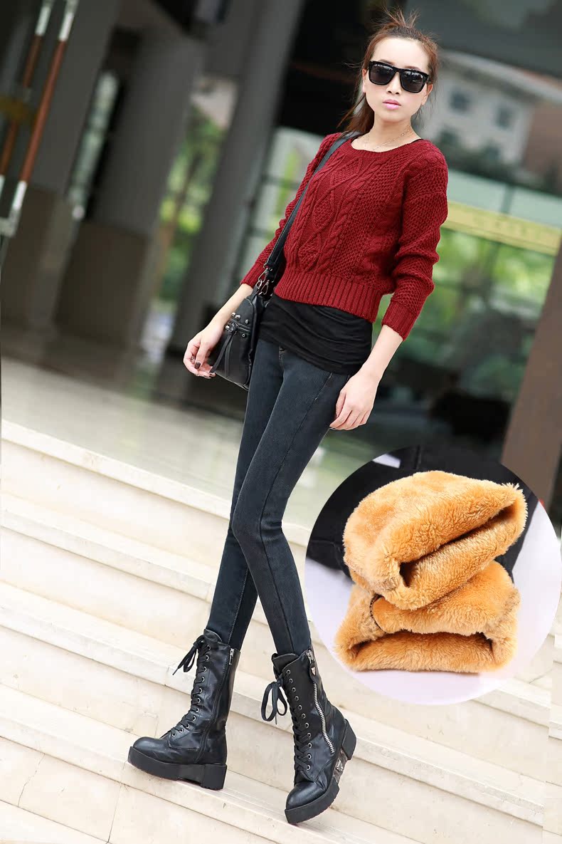 Mùa thu và mùa đông cộng với quần jean nữ nhung dày là eo cao màu đen bút chì đen cỡ lớn co giãn chân quần phiên bản Hàn Quốc màu xám quần jean lửng nữ