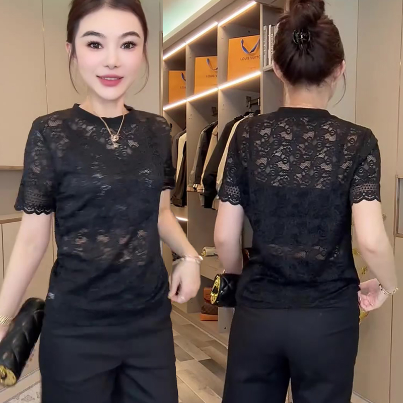 Sexy Sheer Short-Sleeve Lace Top for Women, New Summer Style, Elaborate Crochet Hollow-Out Design, Stylish and Slim-Fitting Inner Wear