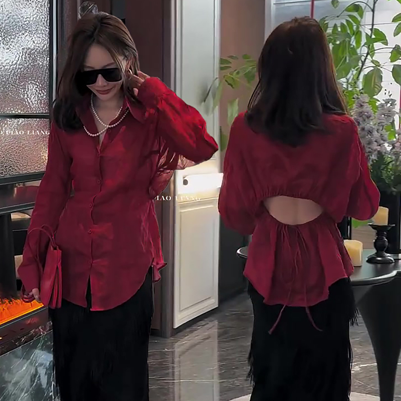 Trendy New Slim-Fit Backless Shirt for Women, Summer New Hollow-Out Long-Sleeve Top, Fashionable and Sexy Shirt