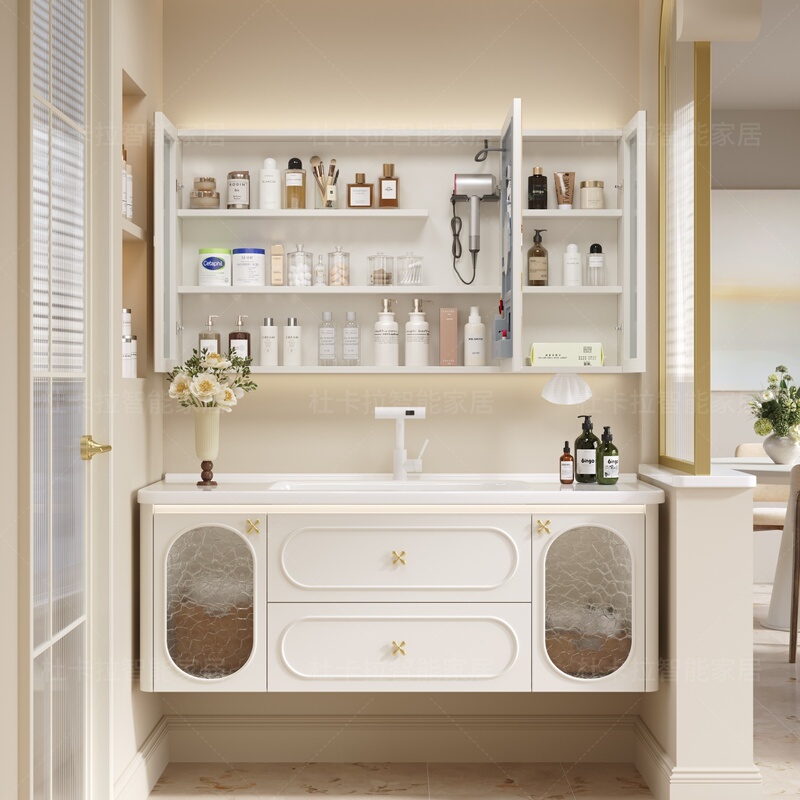 New Dopamine-Style Bathroom Cabinet with Solid Wood and Ceramic Integrated Basin, 80cm Smart Mirror Cabinet, Bathroom Sink Combination New Dopamine-Style Bathroom Cabinet with Solid Wood and Ceramic Integrated Basin, 80cm Smart Mirror Cabinet, Bathroom Sink Combination
