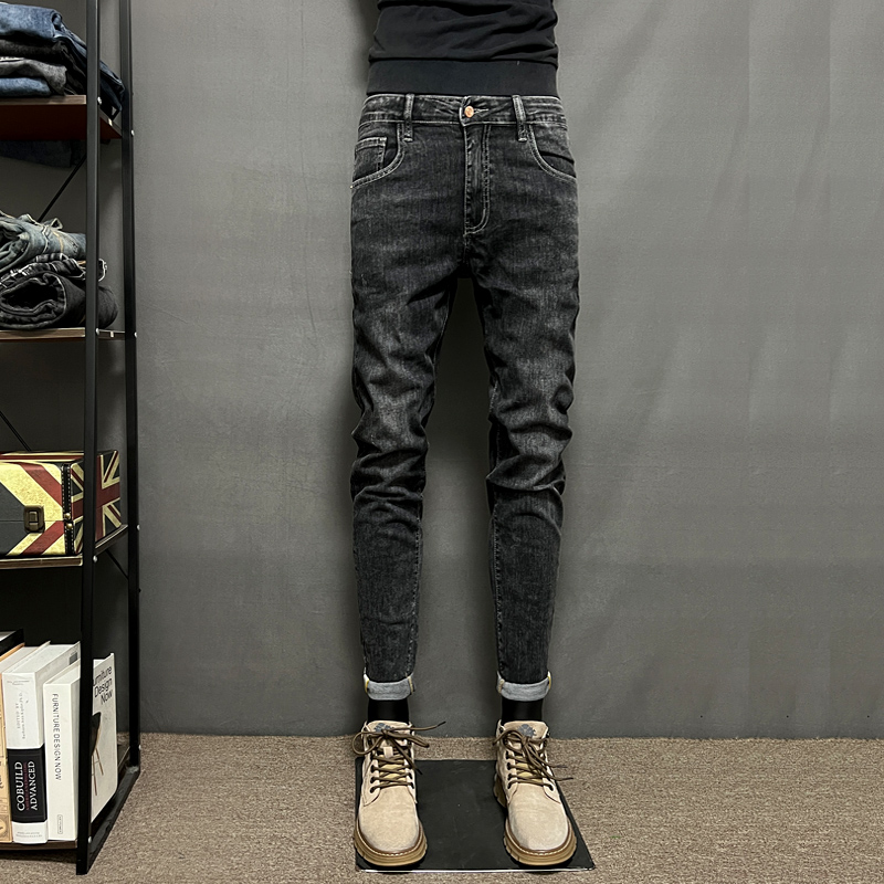 ジーンズメンズ2024新しいスリムフィットスキニーロングパンツメンズブラックとグレーカジュアルトレンディオールマッチサマーシン