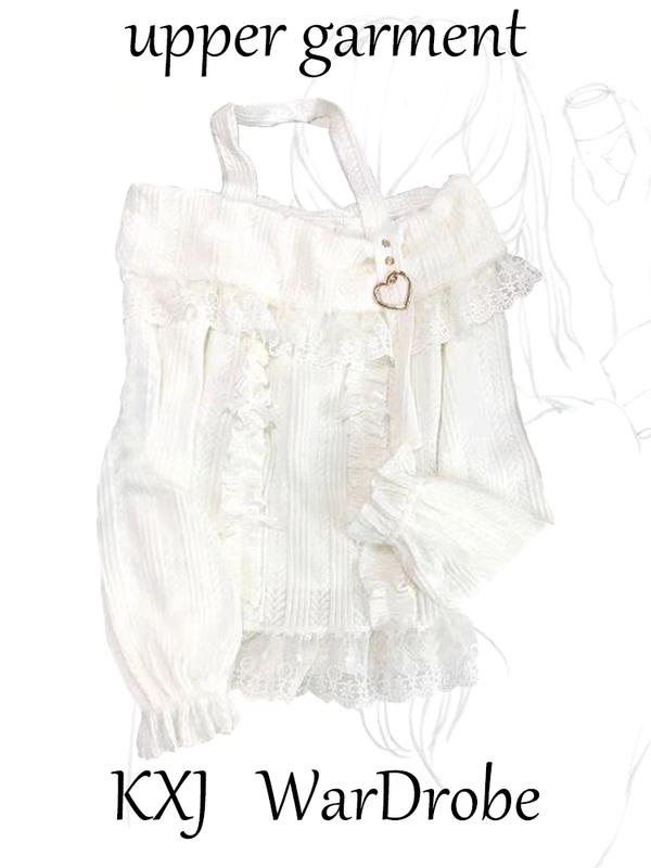 Light Snow Strawberry Autumn/Winter Sweet Lace Knit Top Off-Shoulder Heart Button Halter Lace Long Sleeve Blouse