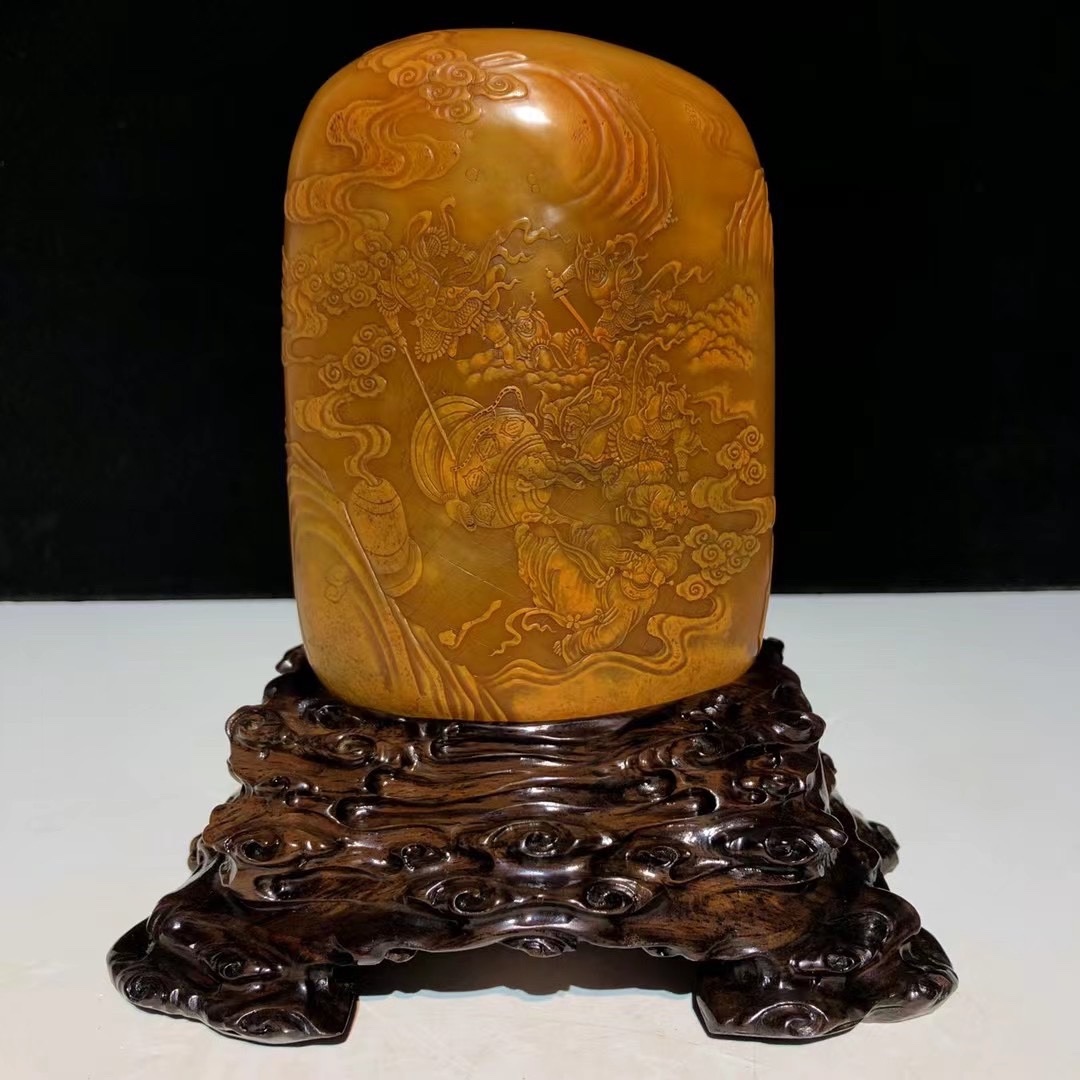 藏出 古董品 寿山石 細密彫刻 乘風破浪 置物 擺件 古賞物  寿山石雕摆件价格报价行情- 京东