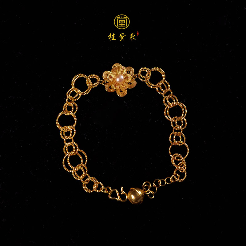 Guitang East 999 filigree sterling silver hand clasp retro palace female summer pearl 925 gold-plated temperament high-end light luxury birthday