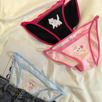 Retro Japanese-style sweet and cool little kitten underwear for women Y2K lace cat underwear for women, cotton fabric sweet triangular underwear