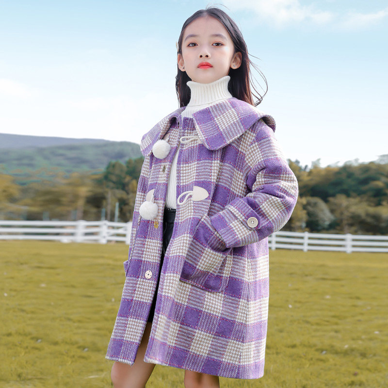 Girls' woolen coat 2022 new style foreign style big children's autumn and winter thickened quilted woolen mid-length girl's top