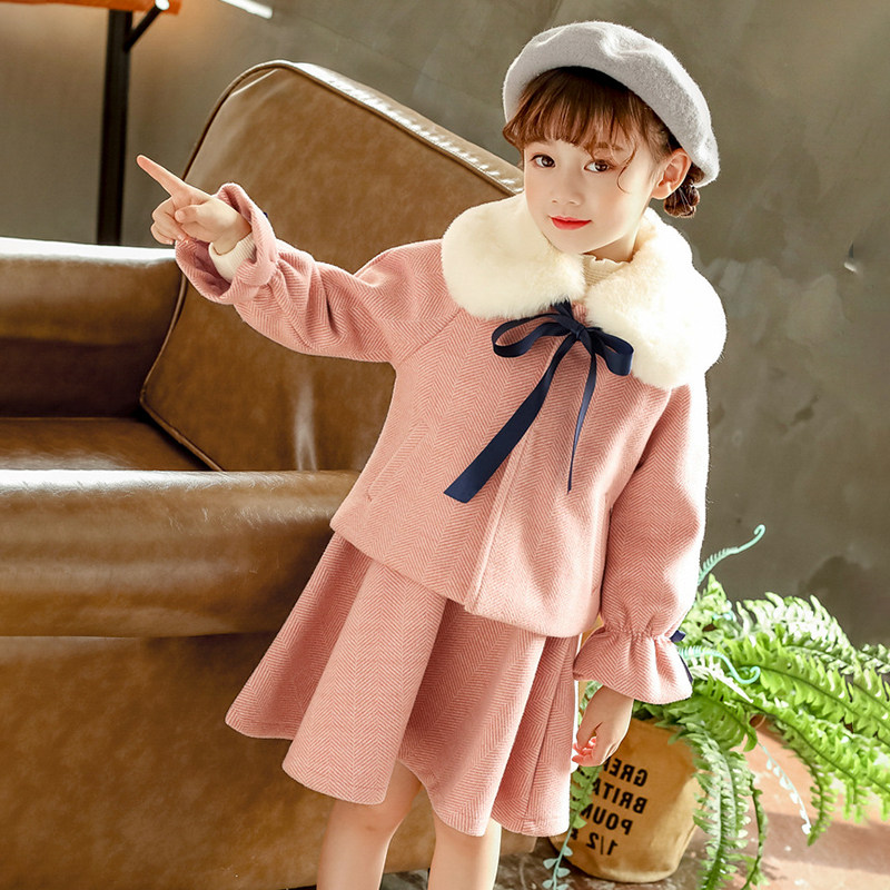 Girls quilted thickened coat autumn and winter girls woolen coat 2021 new foreign style children's woolen suit skirt