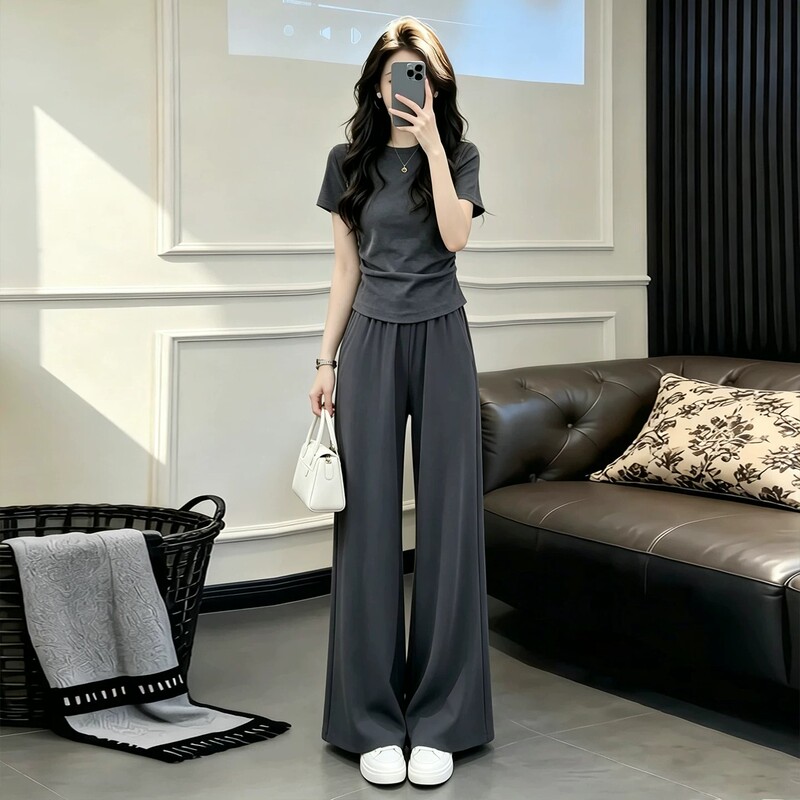 Ice Silk Sports Suit for Women, Summer 2026 New Style, Fashionable and Casual Short-Sleeved T-Shirt with Wide-Leg Pants Two-Piece Set, Trendy