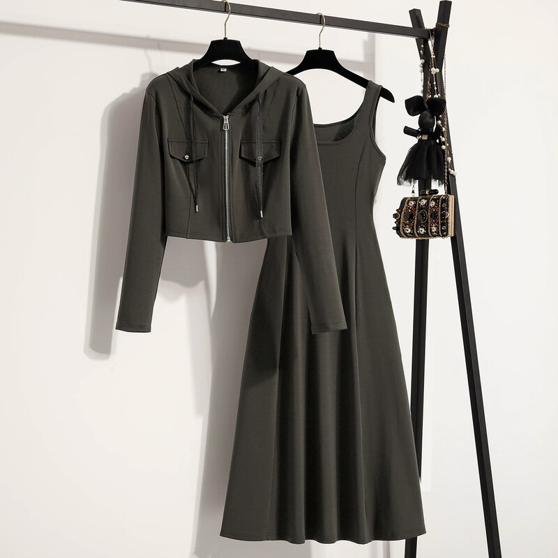 Fashion Suit Skirt for Women, Spring and Autumn 2026 New Style, Stylish Casual Long-Sleeved Jacket, Camisole Dress Two-Piece Set