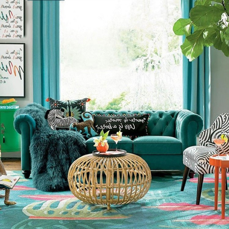 American small apartment fabric pull button triple sofa Nordic simple Villa living room velvet double leisure sofa