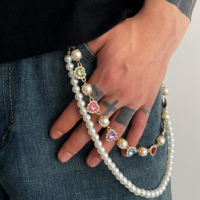 Trendy Colorful Heart-Shaped Rhinestone Pearl Multi-Layered Pants Chain Accessory Detachable Hip-Hop Style Jeans Chain Decoration