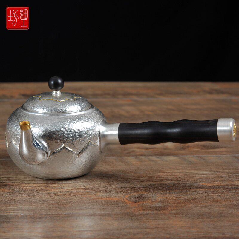 Japanese pure handmade fine work workshop Dual-use side to make silver pot pure silver 9999 burnt kettle a teapot tea set