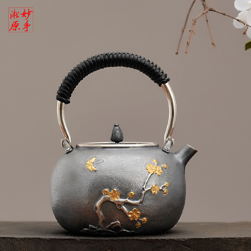Inexplicate Sung original pure handmade hand made 9999 silver pot Kung Fu tea with boiling water pot silver teapot Japanese craft silver pot