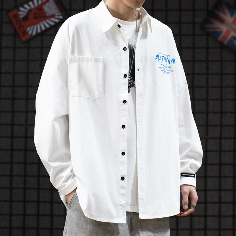 21 spring tide brand street letter graffiti long-sleeved shirt men's loose all-match couple casual white shirt jacket