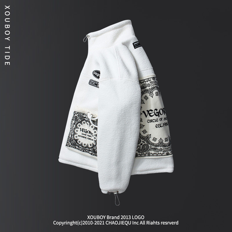 West coast European and American high street trendy brand cashew flower patch trendy brand stand collar high collar cotton jacket men's polar fleece cotton coat