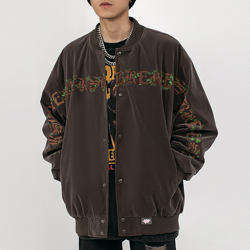 American retro letter printed jacket outerwear men's fall ins Chauded high street hip hop loose cardiovert jacket