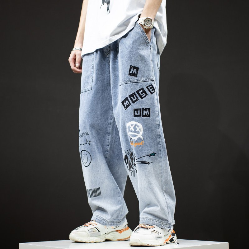 Tide block homemade Chauffers Pants Loose Men Straight Barrel Casual Pants Hip Hop Collection Leggings Jeans Wide Pants