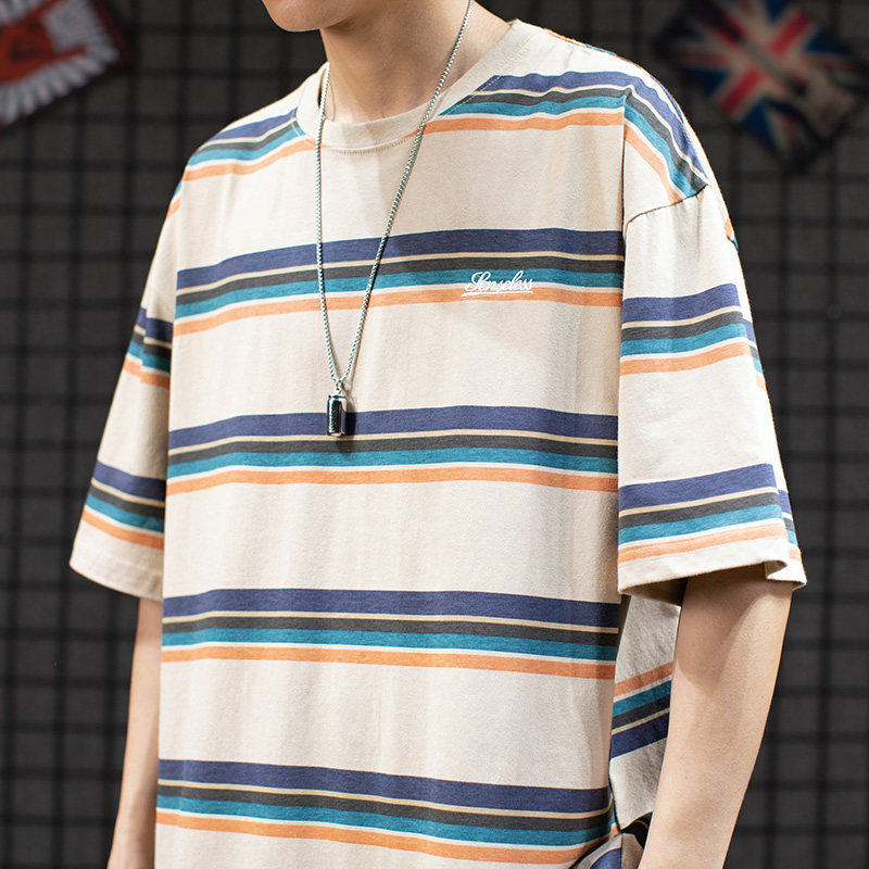 Tidal Neighbourhood Day Ensemble Retro Striped Short Sleeve T-shirt Male and female Couple Tide Cards Street Easy Harbor Wind Casual Short Tee