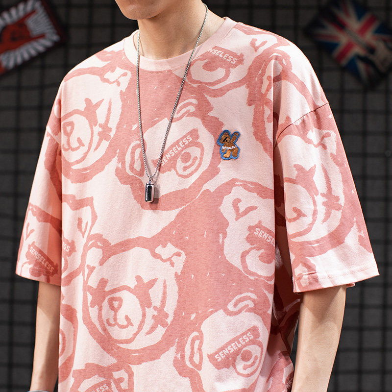 Tide street ins Harajuku style bear full print cartoon short-sleeved T-shirt men's tide brand retro loose couple half-sleeved T-shirt