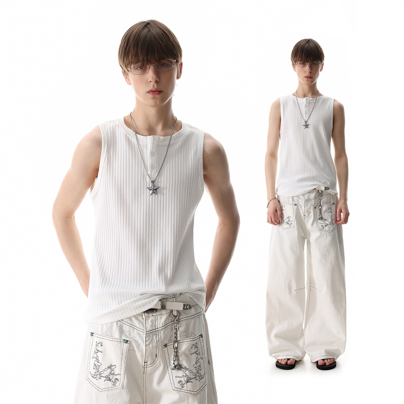 Trend St Old Money Style Textured Henry Collar Sleeveless T-Shirt for Men, Summer Sweatshirt, Simple Solid Color Short Vest