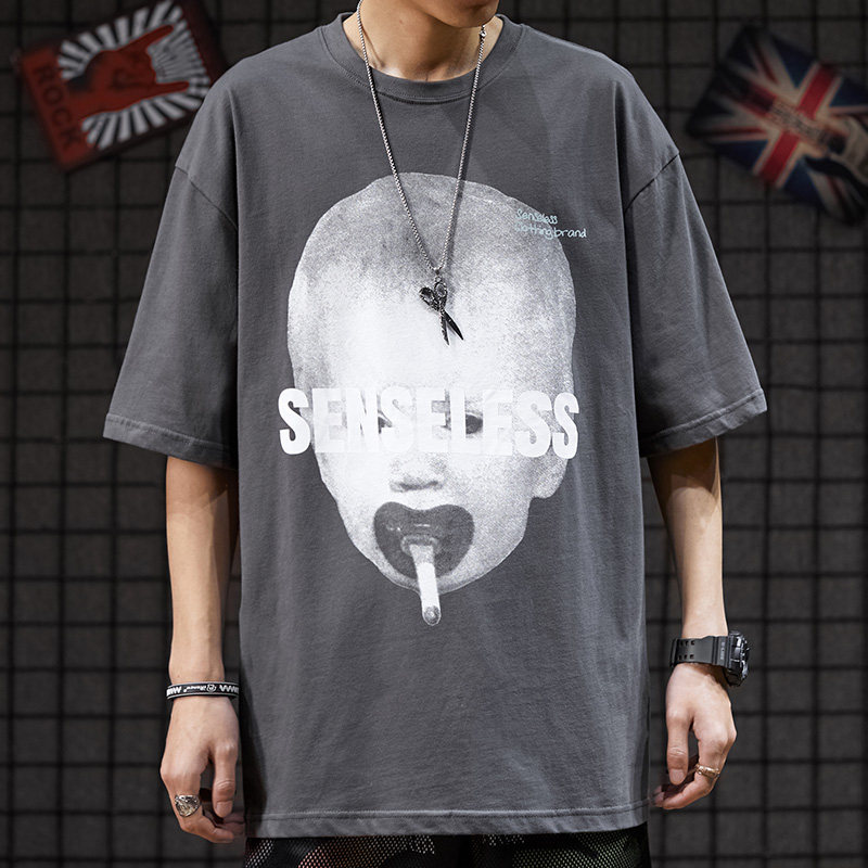 European and American High Street Chauffins Dark Black Wind Boy printed short sleeves T-shirt Men and women Ins couples Hip Hop Loose T-shirt