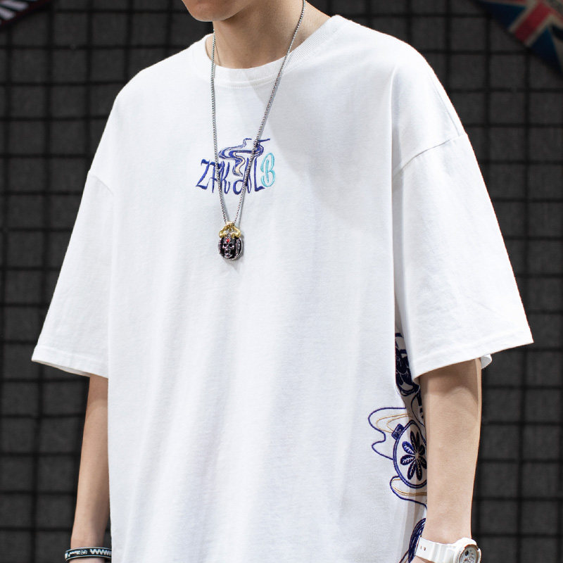 New Frontier Cotton Summer Tide Card National Wind Rework Embroidery T-shirt Male INS Trend Easy Couple National Tide Short Sleeve T-shirt