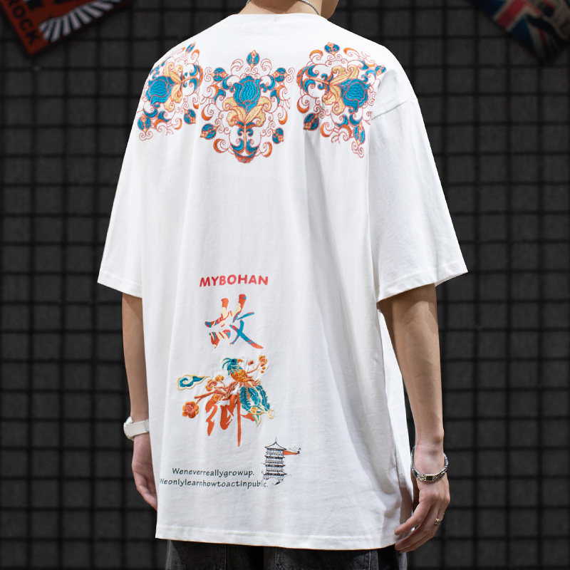 National Tide Ethnic China China Wind Retro-Work Embroidery Short Sleeve T-shirt Male And Female Couples Trend Hip Hop and Loose Half Sleeves