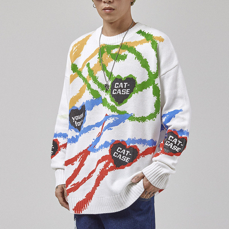 Tidal block European and American hip-hop hiphop love graffiti Knitted Sweatshirt Male Fall Tide Card Lovers Loose round neck sweater