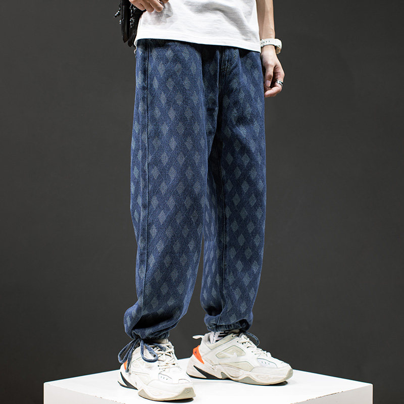 National Tide Card Street Ins Retro Plaid Overalls Jeans Man Straight Drum Loose large size rope Rope Beam-footed trousers