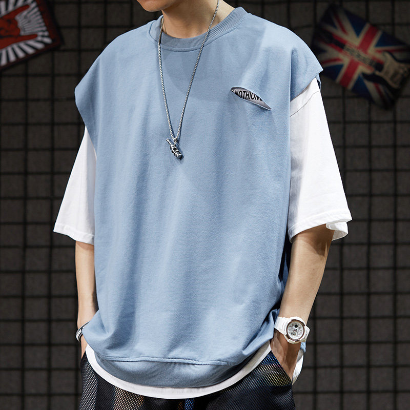 Summer national tide high street trend design sense stitching fake two-piece half-sleeved T-shirt ins tide brand Hong Kong style T-shirt men's short-sleeved