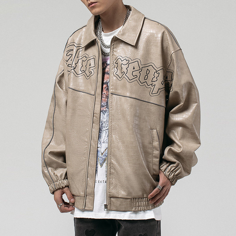 Trendy block American retro vintage jacket men's tide brand high street motorcycle ruffian handsome PU snake-print leather tooling jacket