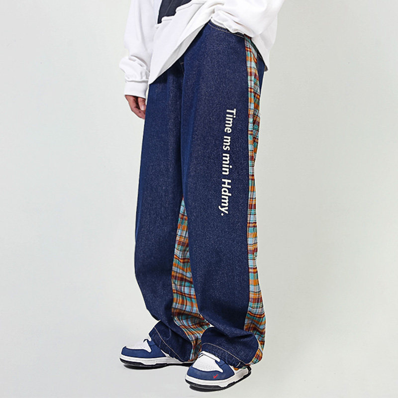 American high street loose wide-leg jeans men's trendy brand vertical plaid stitching design casual straight long pants