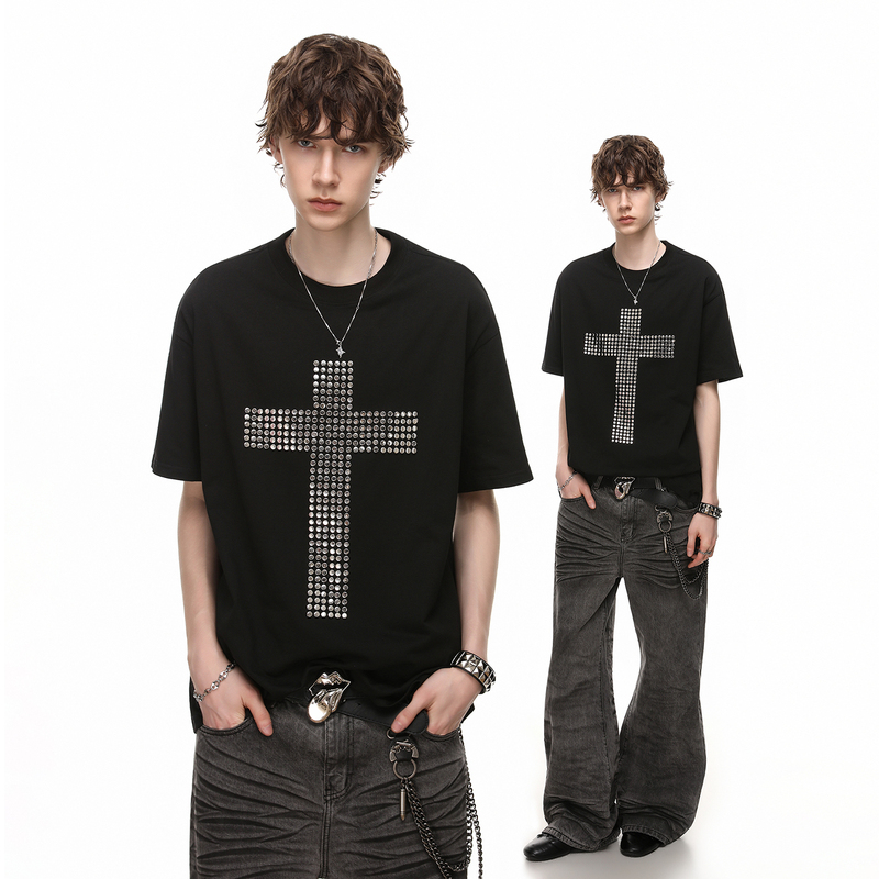 American Street Style Rivet Cross Pure Cotton T-Shirt Short Sleeve Men's Cleanfit Loose Couple Half-Sleeve American Street Style Rivet Cross Pure Cotton T-Shirt Short Sleeve Men's Cleanfit Loose Couple Half-Sleeve