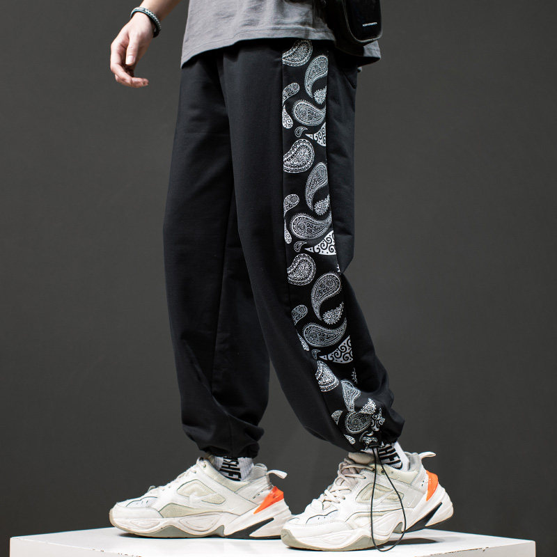 Pants Male Tide Sign Side Splicing Cashew Flowers Straight Barrel Casual Pants Hip Hop Bf Loose 100 Hitch Rope Bunching Pants