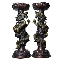 Copper candlestick household Chinese-style Taiwan Xiangshi retro pure copper dragon candlestick lotus candlestick a pair of large ornaments