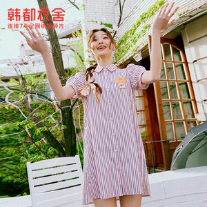 韩都衣舍条纹开叉短袖连衣裙女2021夏季新款宽松法式泡泡袖衬衫裙