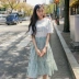 Handu cửa hàng quần áo mùa xuân 2020 Phiên bản Hàn Quốc của phụ nữ tươi hoạt hình hoa khâu voan tay áo ngắn đầm - Váy eo cao Váy eo cao