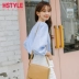 Nhà quần áo Handu 2019 hè mới dành cho nữ phiên bản Hàn Quốc của áo sơ mi kẻ sọc bong bóng tay áo sơ mi kẻ sọc JM9937 - Áo sơ mi
